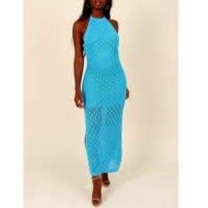 NWT PETAL and PUP Kailani Blue Crochet Knit Halter Maxi Dress L